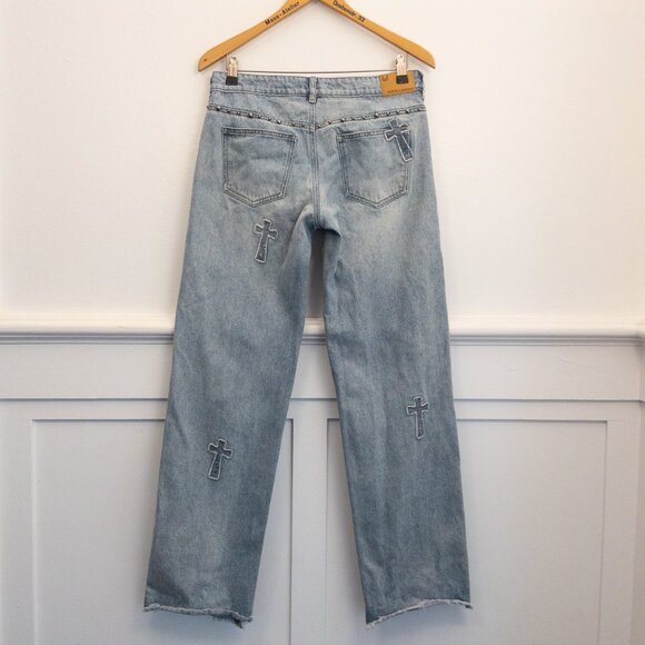 Austin Landing Cross Patch Jeans Size 7 Studded Detail Distressed Hem - Picture 3 of 6